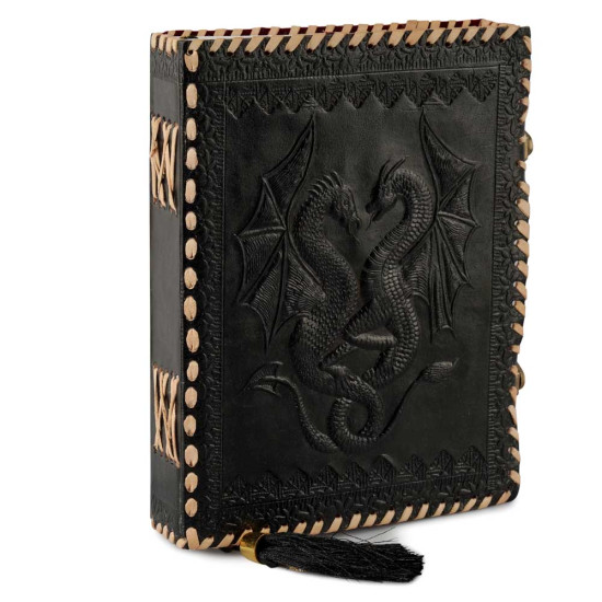 Leather Journal Notebook A5 with Embossed Double Dragon- Black