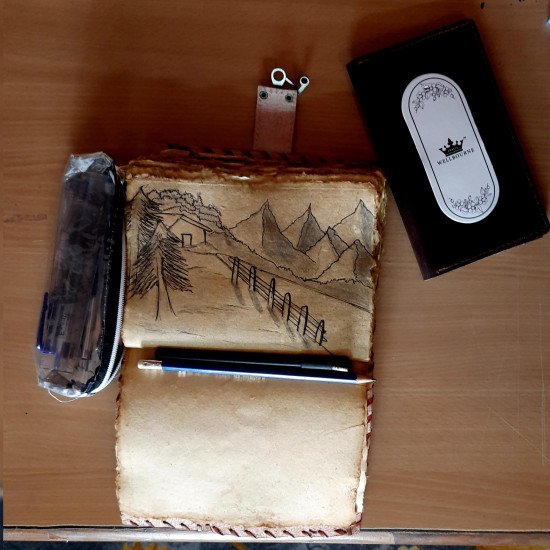 Buff Leather Journal A6 with Key with unlined Kraft Decal Paper