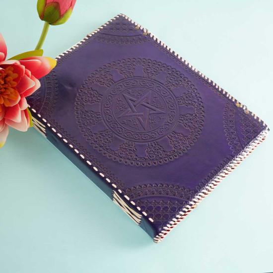 Embossed Wiccan Pentagram Star A3 Leather Journal Notebook- Purple