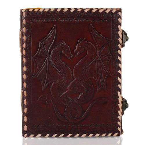 Embossed Double Dragon Handmade A5 Leather Journal Notebook - Brown