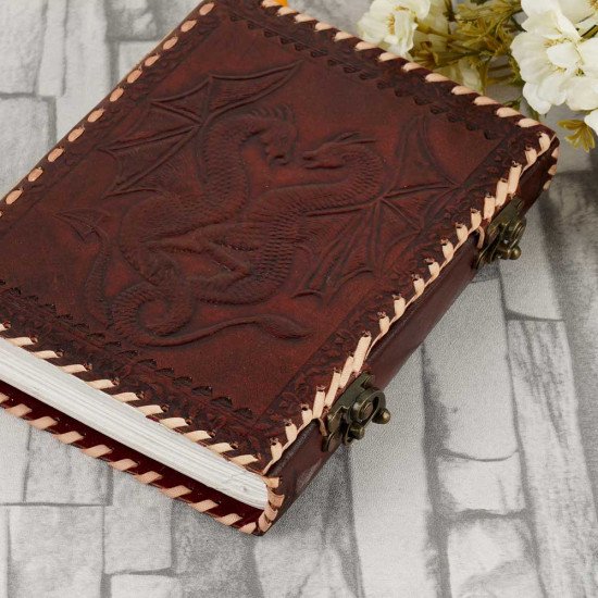 Embossed Double Dragon Handmade A5 Leather Journal Notebook - Brown Embossed Double Dragon Handmade A5 Leather Journal Notebook - Brown