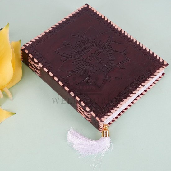 Leather Journal Notebook A5 with Embossed SamyakSambuddha- Brown Leather Journal Notebook A5 with Embossed SamyakSambuddha- Brown