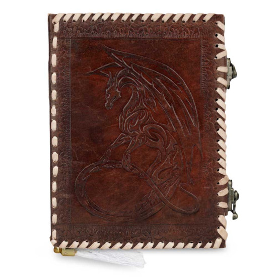 Leather Journal Notebook A5 with Embossed Moon Dragon Handmade Diary- Brown