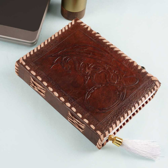 Leather Journal Notebook A5 with Embossed Moon Dragon Handmade Diary- Brown