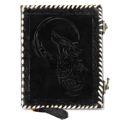 Leather Journal Notebook A5 with Embossed Moon Wolf- Black