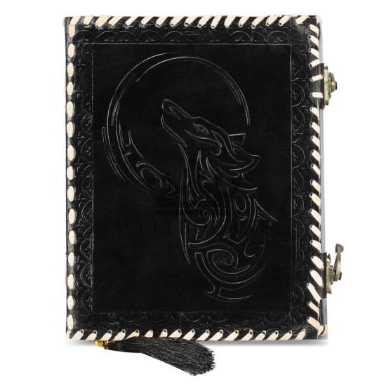 Leather Journal Notebook A5 with Embossed Moon Wolf- Black