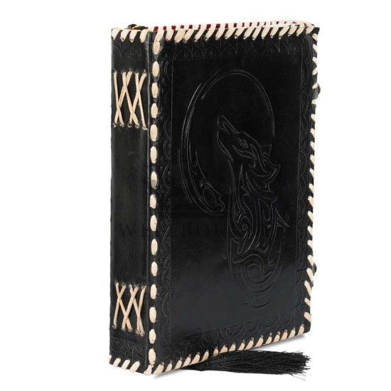 Leather Journal Notebook A5 with Embossed Moon Wolf- Black
