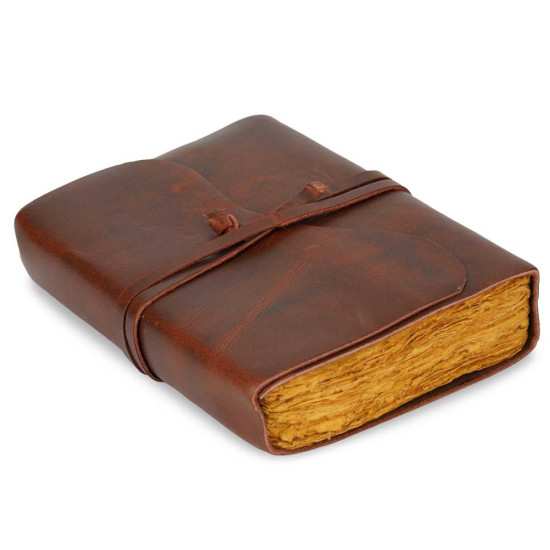 A6 Buff Leather Journal with Unlined Deckle Edge Paper- Brown