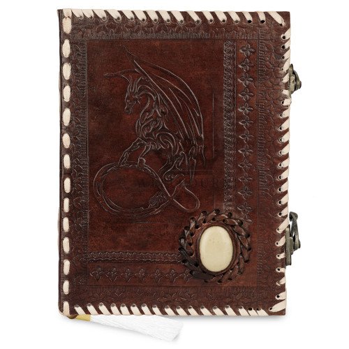 Embossed Moon Dragon with Engraved Stone A6 Leather Journal Notebook- Brown (8x6inches) Embossed Moon Dragon with Engraved Stone A6 Leather Journal Notebook- Brown (8x6inches)