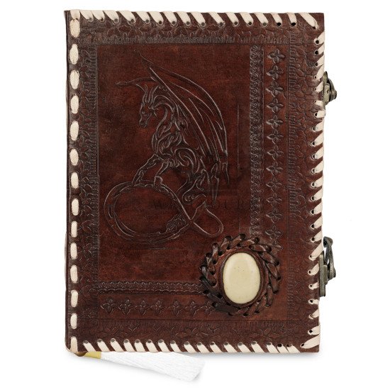 Embossed Moon Dragon with Engraved Stone A6 Leather Journal Notebook- Brown (8x6inches) Embossed Moon Dragon with Engraved Stone A6 Leather Journal Notebook- Brown (8x6inches)