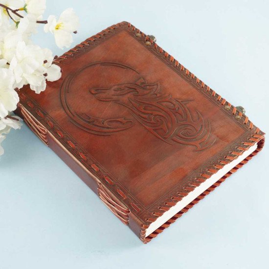 Leather Journal Notebook A5 with Embossed Moon Wolf- Brown Leather Journal Notebook A5 with Embossed Moon Wolf- Brown