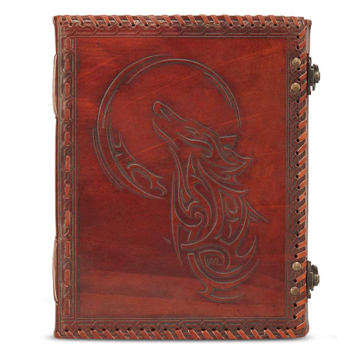 Leather Journal Notebook A5 with Embossed Moon Wolf- Brown
