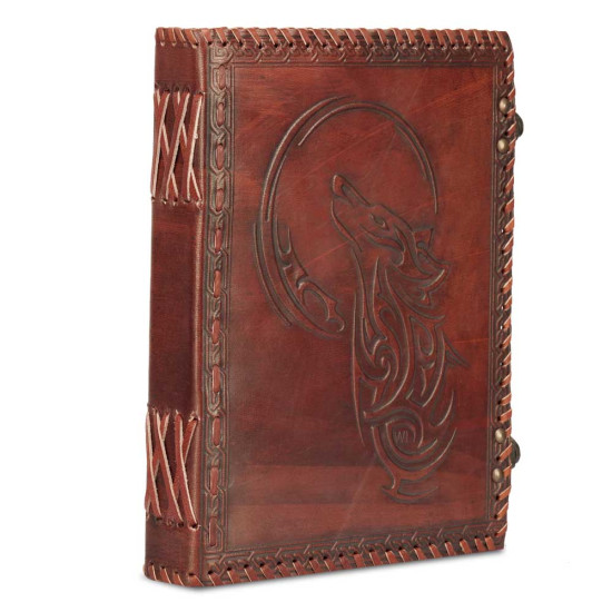 Leather Journal Notebook A5 with Embossed Moon Wolf- Brown