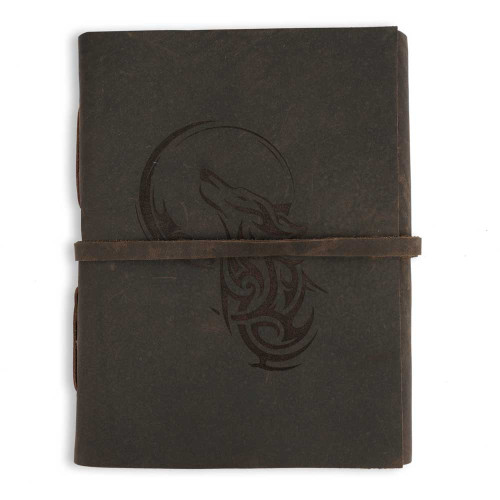 Engraved Moon Wolf A6 Genuine Buff Leather Journal Notebook- Dusky Brown