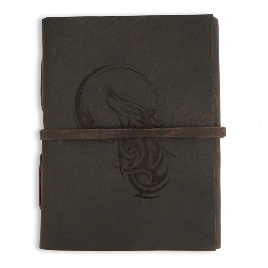 Engraved Moon Wolf A6 Genuine Buff Leather Journal Notebook- Dusky Brown