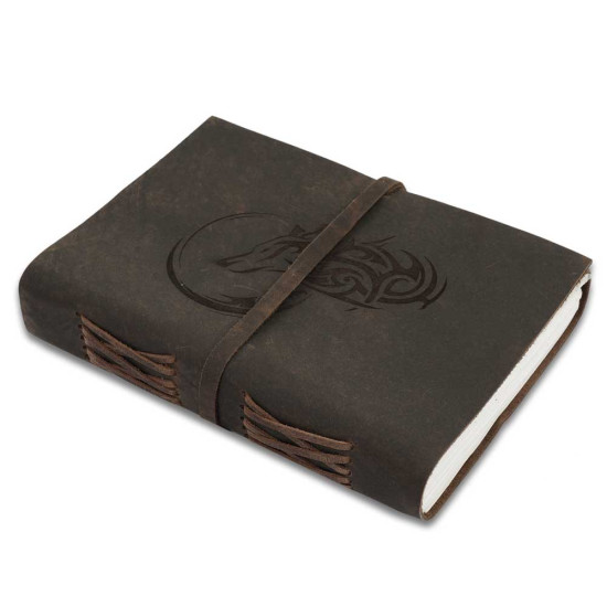 Engraved Moon Wolf A6 Genuine Buff Leather Journal Notebook- Dusky Brown