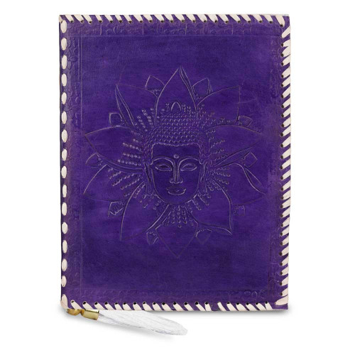 Leather Journal Notebook A5 Embossed Samyaksam Buddha Handmade Diary- Purple