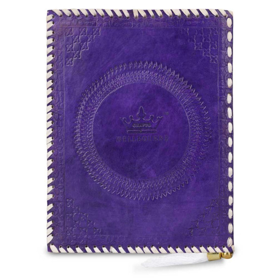 Leather Journal Notebook A5 Embossed Samyaksam Buddha Handmade Diary- Purple