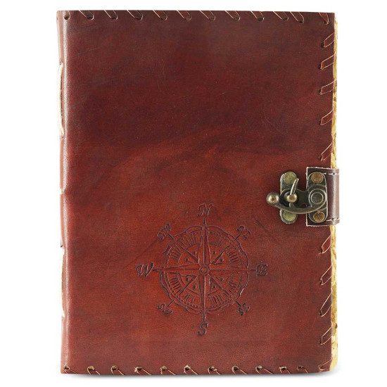 Embossed Compass A6 Leather Journal with Unlined Decal Pages- Brown