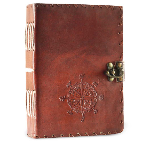 Embossed Compass A6 Leather Journal with Unlined Decal Pages- Brown