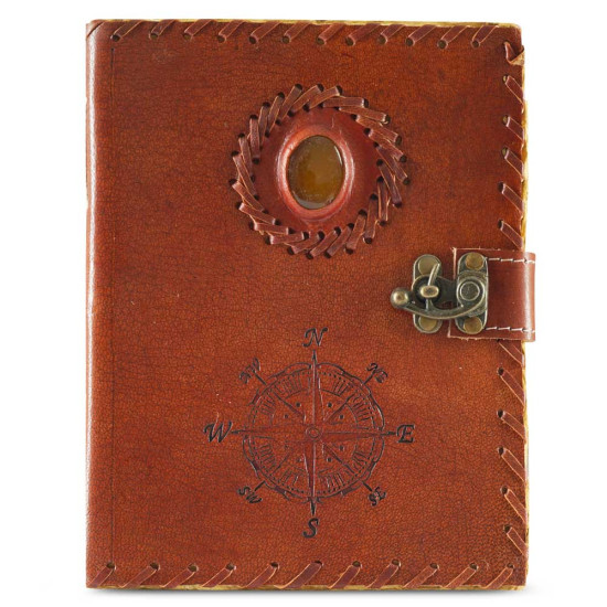 Embossed Compass with Gem A6 Leather Journal with Unlined Decal Pages- Brown