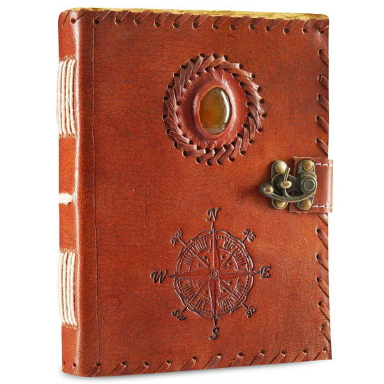 Embossed Compass with Gem A6 Leather Journal with Unlined Decal Pages- Brown