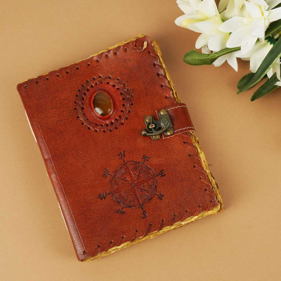 Embossed Compass with Gem A6 Leather Journal with Unlined Decal Pages- Brown