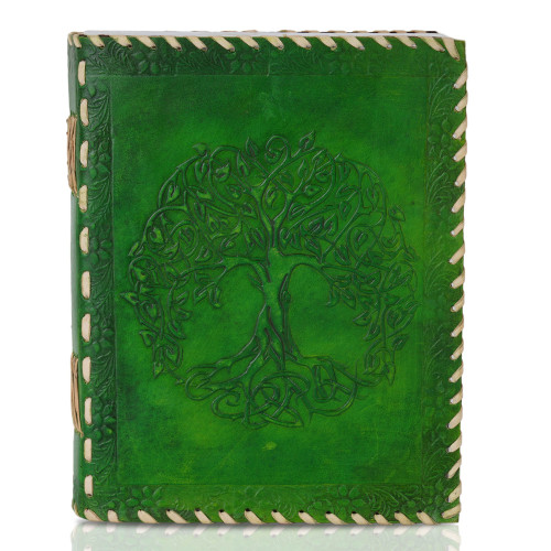 Embossed Tree of Life A5 Unlined Leather Journal Notebook- Green