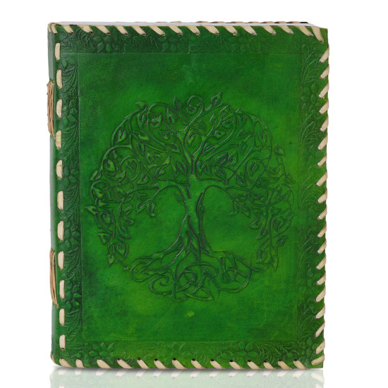 Embossed Tree of Life A5 Unlined Leather Journal Notebook- Green