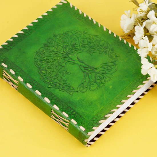 Embossed Tree of Life A5 Unlined Leather Journal Notebook- Green Embossed Tree of Life A5 Unlined Leather Journal Notebook- Green