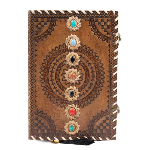  Embossed 7 Stone Chakra Handmade Leather Journal Notebook- Brown