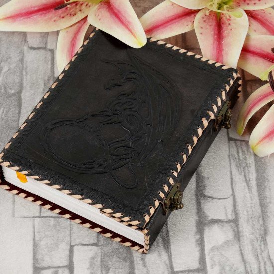 Embossed A5 Moon Dragon Leather Journal Notebook- Black