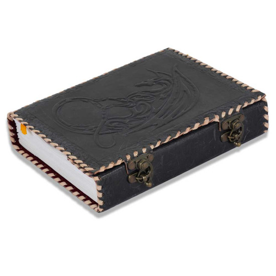 Embossed A5 Moon Dragon Leather Journal Notebook- Black