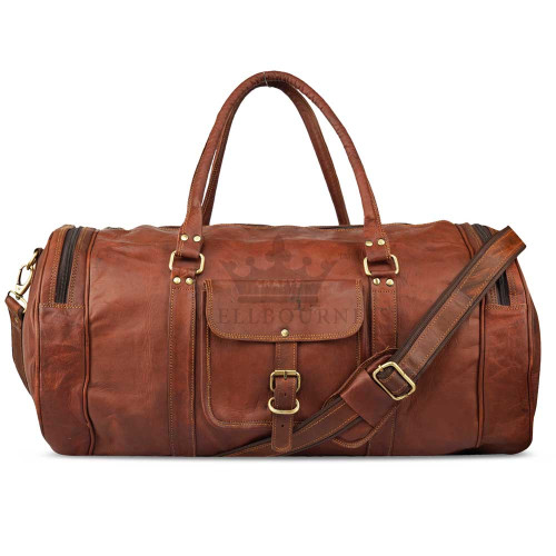 Leather Brown Travel Round Duffel Bag with Front Pockets - 22inch 