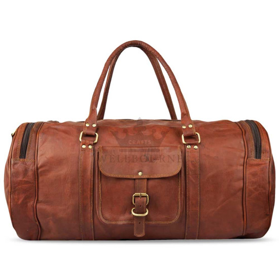 Leather Brown Travel Round Duffel Bag with Front Pockets - 22inch 