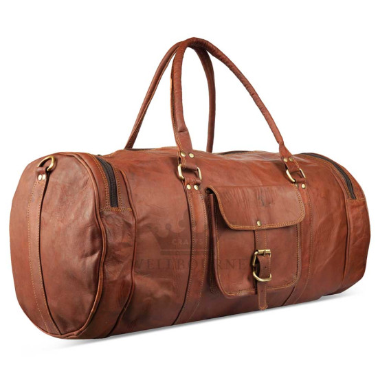 Leather Brown Travel Round Duffel Bag with Front Pockets - 22inch 