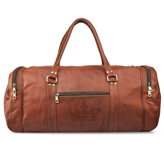 Leather Brown Travel Round Duffel Bag with Front Pockets - 22inch 