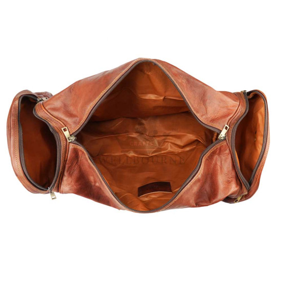 Leather Brown Travel Round Duffel Bag with Front Pockets - 22inch 