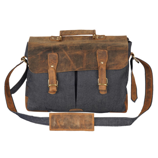 Thar Artefacts 17inch Hybrid Buff Denim Leather Laptop Bag Casual Messenger Bag for Office & College