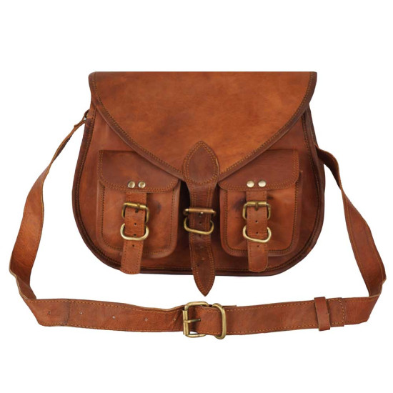 Crossbody Leather Gipsy Bag with Two front Pockets & Adjustable Leather Straps  - Tanned Brown