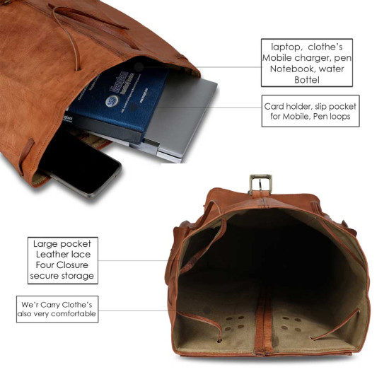 Thar Artefacts Leather Casual Shoulder Backpack 20 inch Multi-Utility Unisex Rucksack for Travelling Hiking Trekking