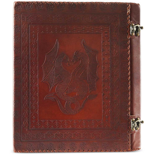 Leather Office File Folder Expandable Personal Organizer with Embossed Double Dragon- Brown