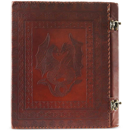Leather Office File Folder Expandable Personal Organizer with Embossed Double Dragon- Brown