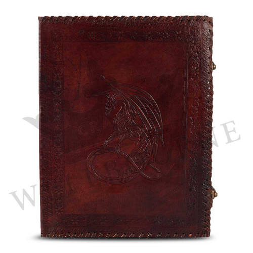 Leather Office File Folder Expandable Personal Organizer with Embossed Moon Dragon- Brown