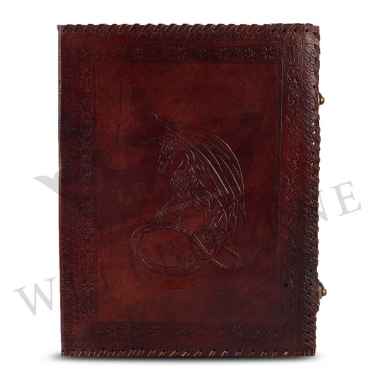 Leather Office File Folder Expandable Personal Organizer with Embossed Moon Dragon- Brown