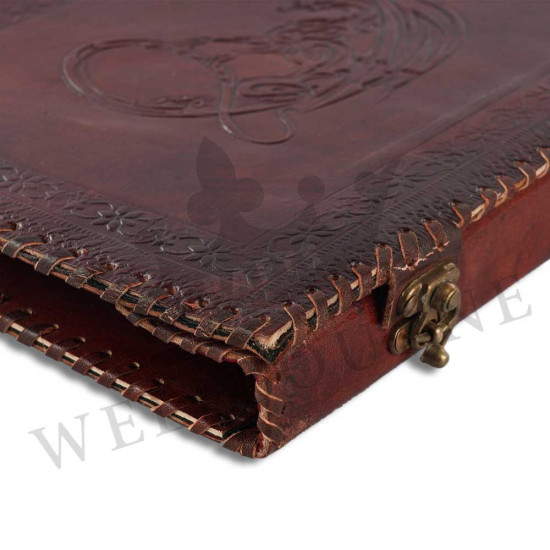 Leather Office File Folder Expandable Personal Organizer with Embossed Moon Dragon- Brown