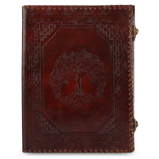 Leather Office File Folder Expandable Personal Organizer with Embossed Tree of Life- Brown