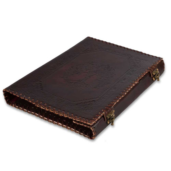 Leather Office File Folder Expandable Personal Organizer with Embossed Tree of Life- Brown