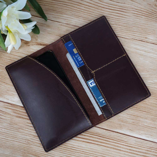 Slim Leather Passport Cover & Phone Wallet Travel Holder with Front Tab Cut Pocket 